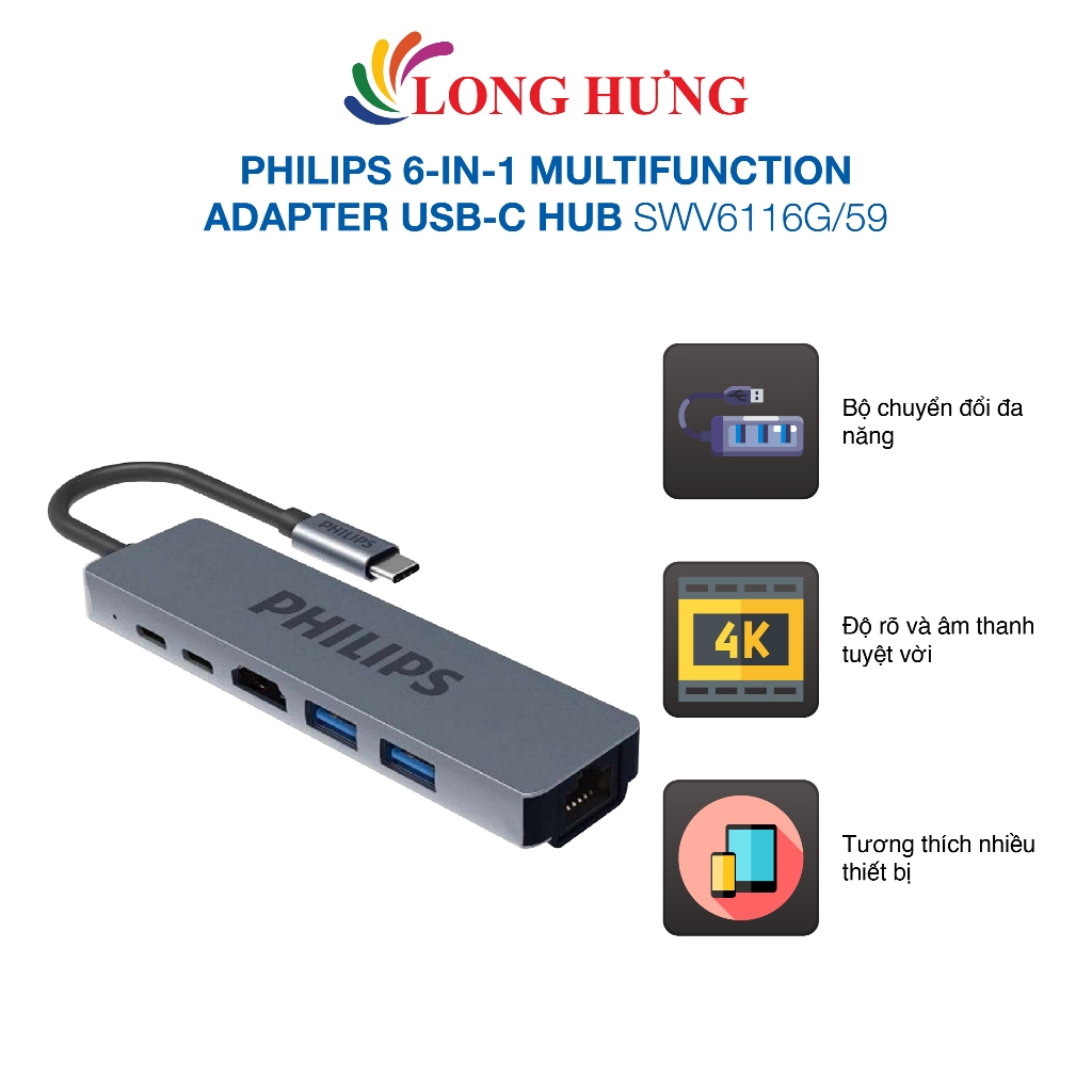 Cổng chuyển đổi Philips 6-in-1 Multifunction Adapter USB-C Hub SWV6116G ...