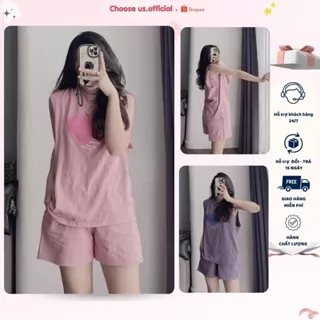Set Đồ Bộ Nữ Mặc Nhà Tanktop Sát Nách Quần Cộc In Hình Họa Tiết Dễ Thương Chất Cotton CS019