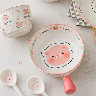 Set bát sứ 3 món hoạ tiết cao cấp lợn hồng cuteee