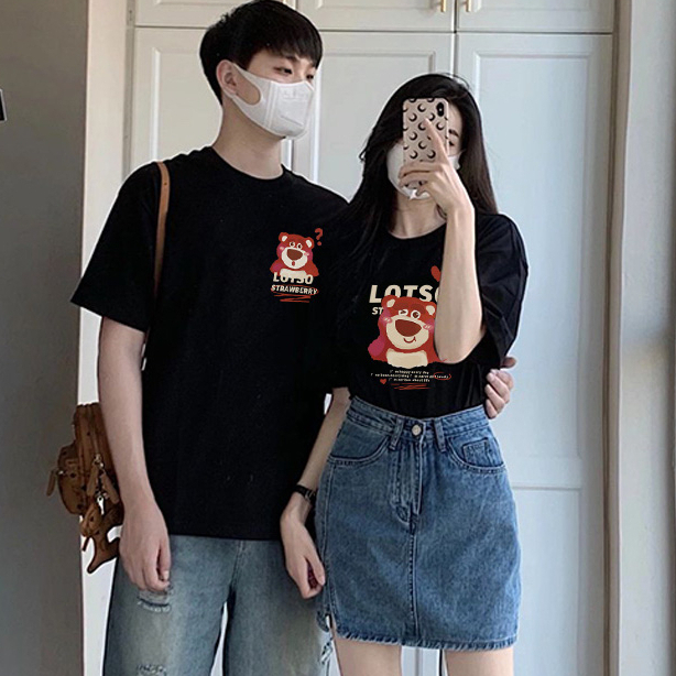 Áo Thun Cặp Đôi HappyTee - Áo Đôi Form Rộng Gấu Lotso Strawberry Chất Cotton 100 Cao Cấp