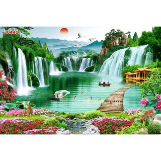 Tranh sơn thủy hữu tình, tranh phong cảnh thác nước tranh 3D dán tường in trên chất liệu vải lụa (shop tặng kèm keo dán)