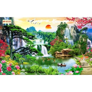 Tranh sơn thủy hữu tình, tranh phong cảnh thác nước tranh 3D dán tường in trên chất liệu vải lụa (shop tặng kèm keo dán)