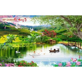 Tranh sơn thủy hữu tình, tranh phong cảnh thác nước tranh 3D dán tường in trên chất liệu vải lụa (shop tặng kèm keo dán)