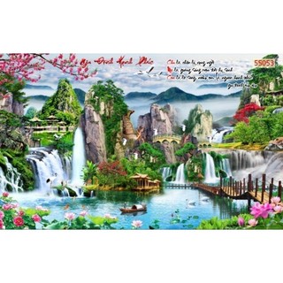 Tranh sơn thủy hữu tình, tranh phong cảnh thác nước tranh 3D dán tường in trên chất liệu vải lụa (shop tặng kèm keo dán)