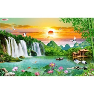 Tranh 3D dán tường sơn thủy hữu tình, tranh phong cảnh thác nước tranh in trên chất liệu vải lụa (shop tặng kèm keo dán)