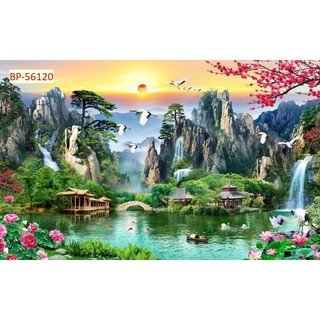 Tranh 3D dán tường sơn thủy hữu tình, tranh phong cảnh thác nước tranh in trên chất liệu vải lụa (shop tặng kèm keo dán)