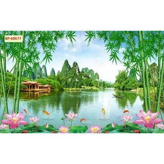 Tranh 3D dán tường sơn thủy hữu tình, tranh phong cảnh thác nước tranh in trên chất liệu vải lụa (shop tặng kèm keo dán)