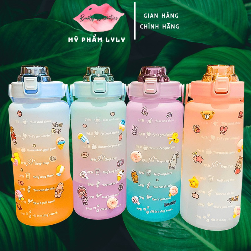 (HÀNG LOẠI 1)Bình nước 2 lít tặng Sticker dành cho người lười uống nước bình nước cute 2L có ống hút
