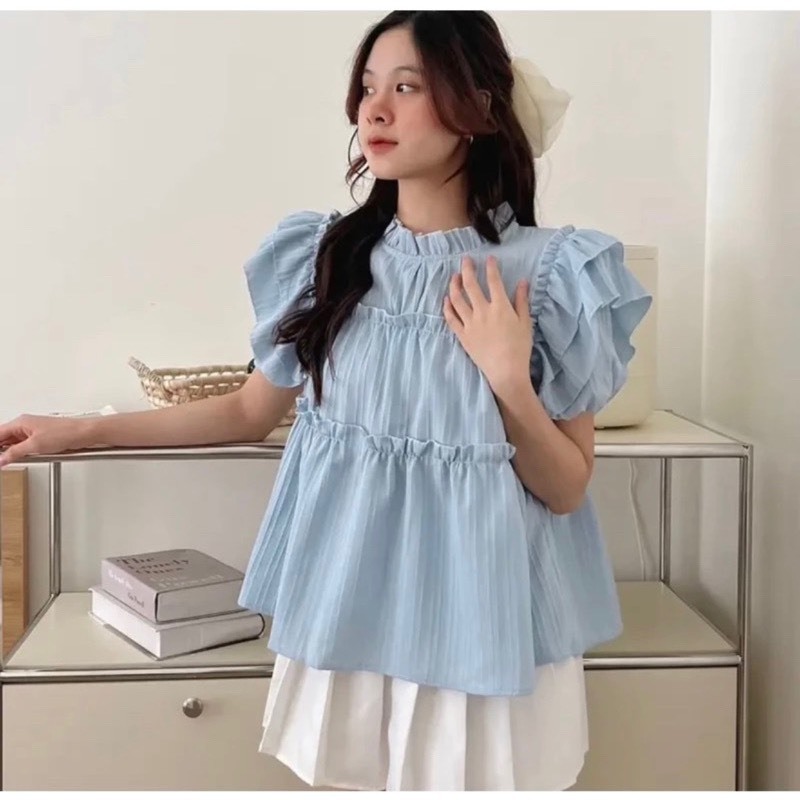 Áo babydoll cánh tiên tay bèo màu pastel, áo sơ mi kiểu nữ tay cánh tiên nhún bèo, áo babydoll cánh tiên đũi gân xinh