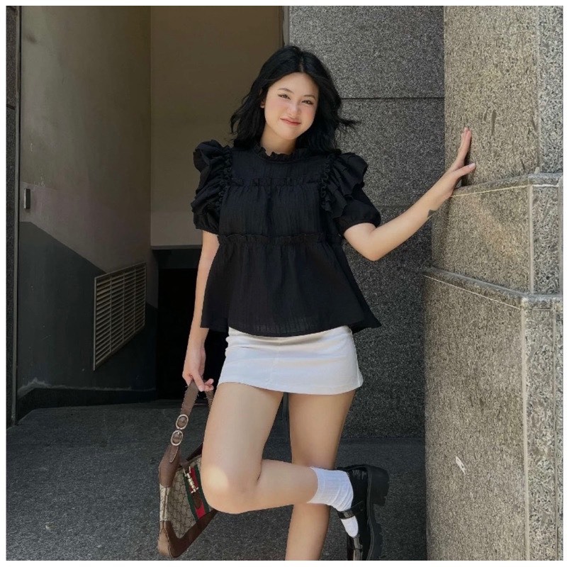 Áo babydoll cánh tiên tay bèo màu pastel, áo sơ mi kiểu nữ tay cánh tiên nhún bèo, áo babydoll cánh tiên đũi gân xinh