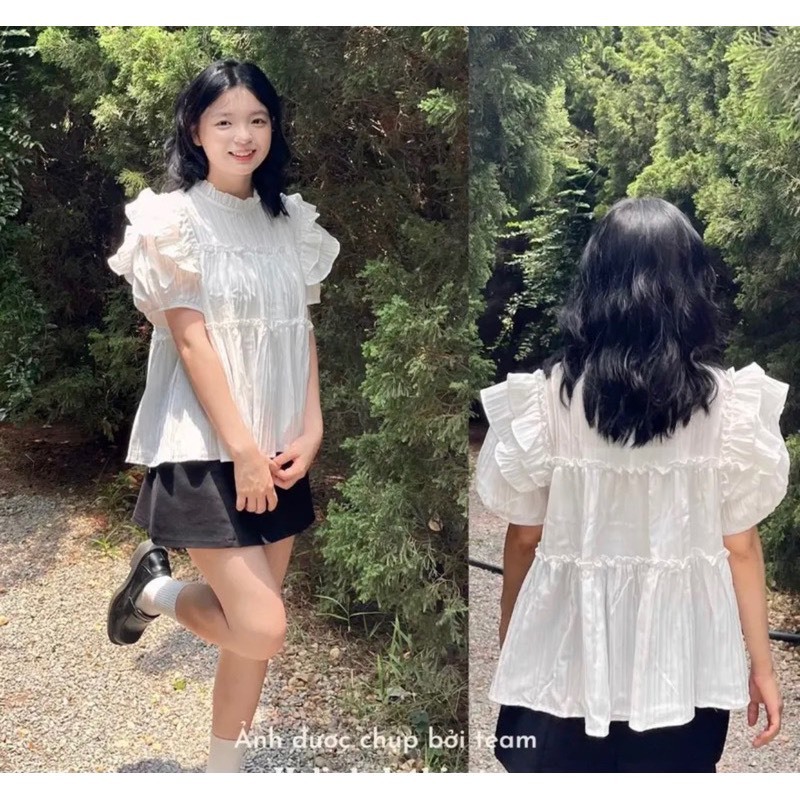 Áo babydoll cánh tiên tay bèo màu pastel, áo sơ mi kiểu nữ tay cánh tiên nhún bèo, áo babydoll cánh tiên đũi gân xinh