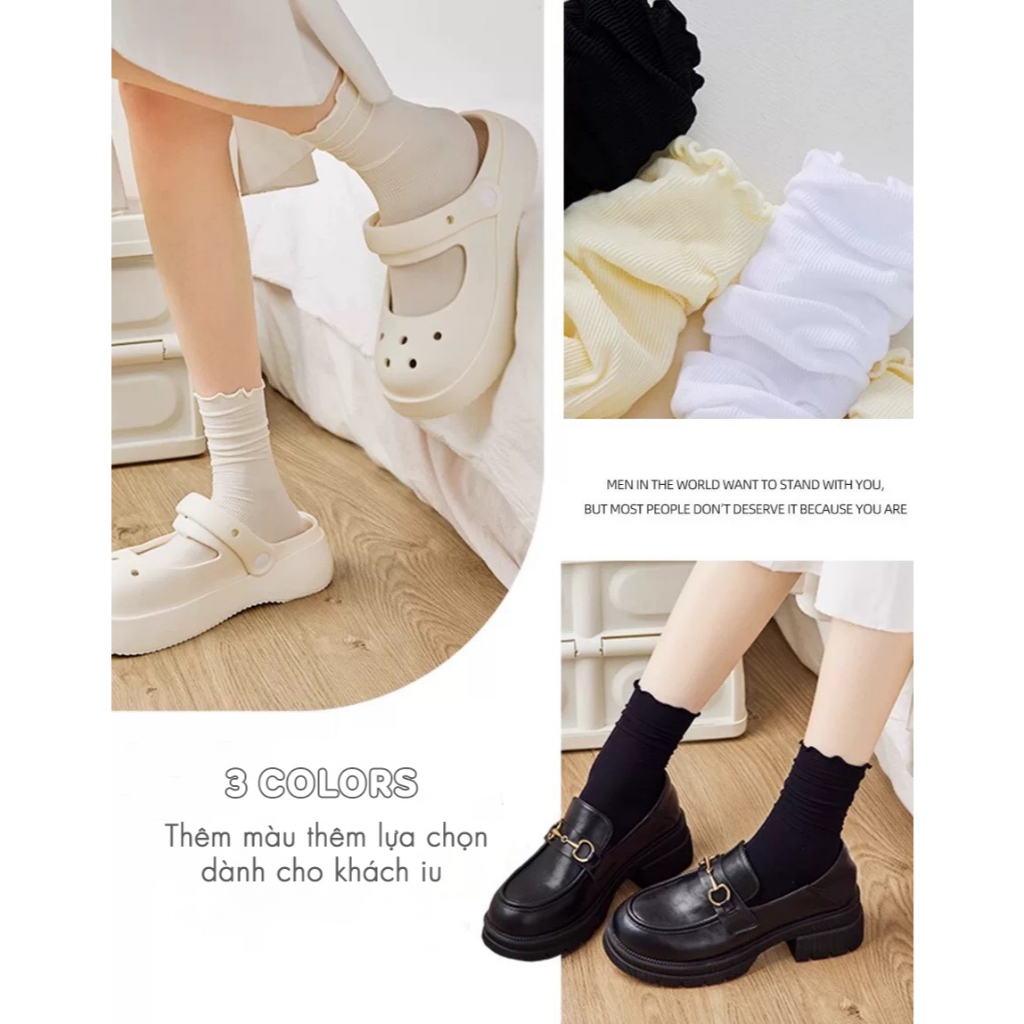 Tất vớ nữ cổ bèo nhún phong cách loli, chất liệu cotton than tre thoáng mát khử mùi hôi - Ekiu Shop