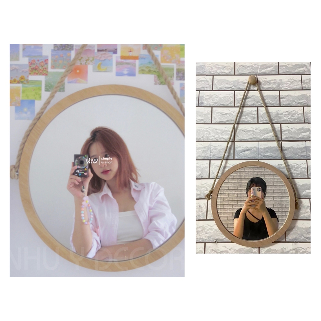 Gương tròn viền gỗ treo tường - Gương phòng ngủ treo tường trang trí đường kính 30 - 35 cm