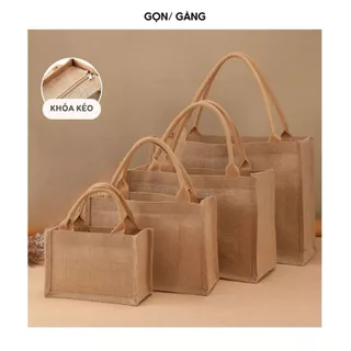 Túi cói đi du lịch đựng đồ vintage có khóa kéo hoặc cúc bấm đựng quần áo vải dày chắc chắn đi chơi đi làm Gọn Gàng