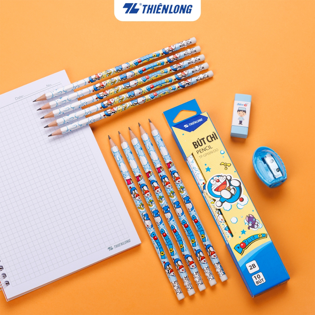 Hộp 10 Bút chì gỗ Thiên Long Điểm 10 2B TP-GP009/DO thân lục giác Doremon kèm gôm tiện lợi, bám tốt trên giấy, đều màu