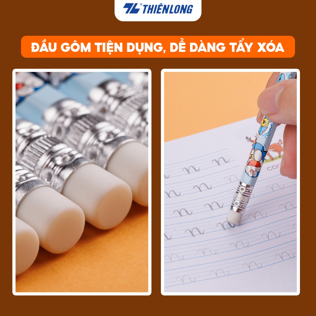 Hộp 10 Bút chì gỗ Thiên Long Điểm 10 2B TP-GP009/DO thân lục giác Doremon kèm gôm tiện lợi, bám tốt trên giấy, đều màu | BigBuy360 - bigbuy360.vn