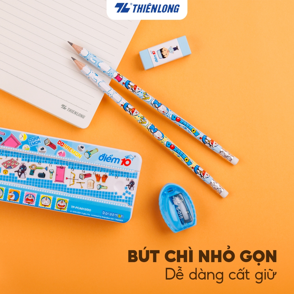 Hộp 10 Bút chì gỗ Thiên Long Điểm 10 2B TP-GP009/DO thân lục giác Doremon kèm gôm tiện lợi, bám tốt trên giấy, đều màu | BigBuy360 - bigbuy360.vn
