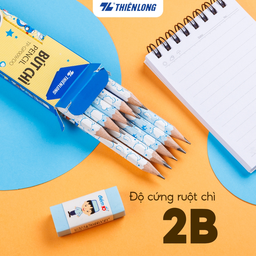 Hộp 10 Bút chì gỗ Thiên Long Điểm 10 2B TP-GP009/DO thân lục giác Doremon kèm gôm tiện lợi, bám tốt trên giấy, đều màu | BigBuy360 - bigbuy360.vn