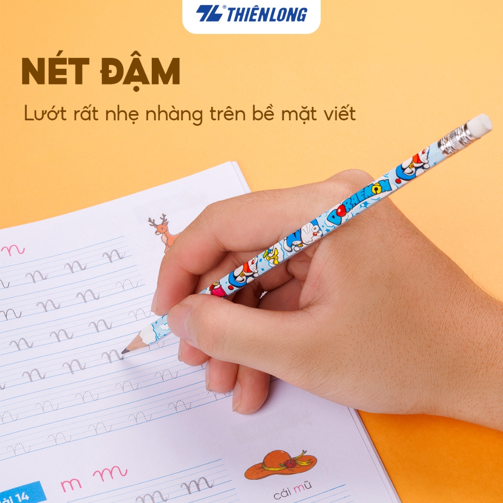 Hộp 10 Bút chì gỗ Thiên Long Điểm 10 2B TP-GP009/DO thân lục giác Doremon kèm gôm tiện lợi, bám tốt trên giấy, đều màu | BigBuy360 - bigbuy360.vn