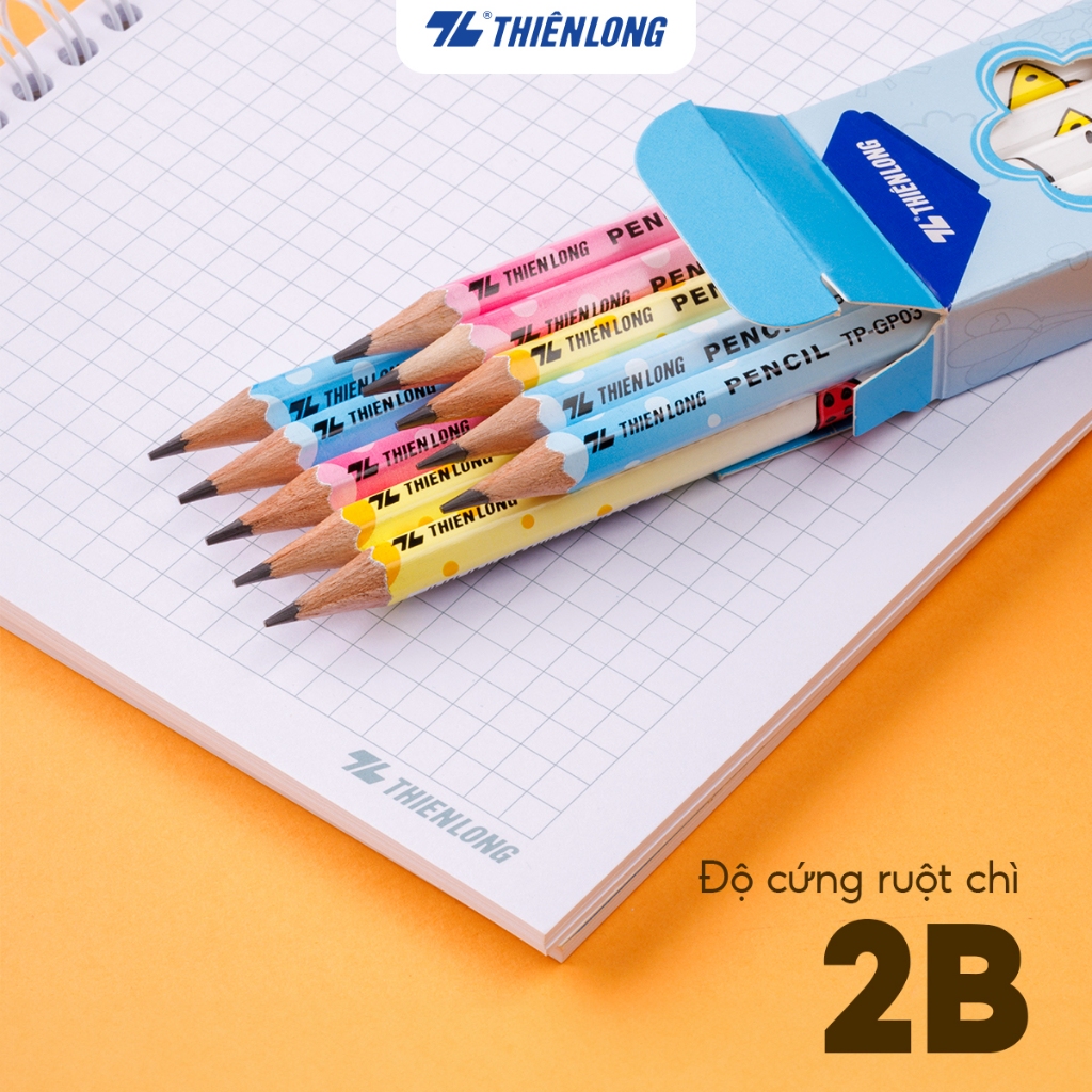 Combo 5 Bút chì gỗ Thiên Long TP GP-03, độ cứng 2B, thân lục giác, bút lướt nhẹ nhàng trên bề mặt viết, màu ngẫu nhiên | BigBuy360 - bigbuy360.vn