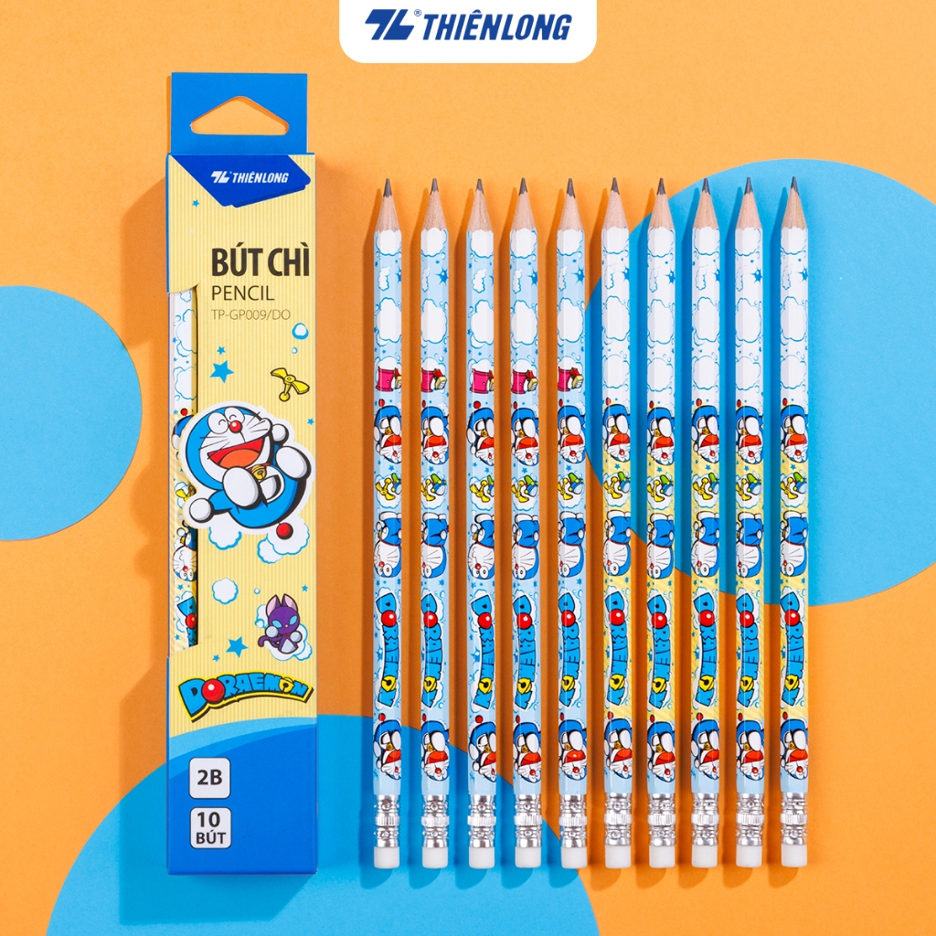 Hộp 10 Bút chì gỗ Thiên Long Điểm 10 2B TP-GP009/DO thân lục giác Doremon kèm gôm tiện lợi, bám tốt trên giấy, đều màu | BigBuy360 - bigbuy360.vn
