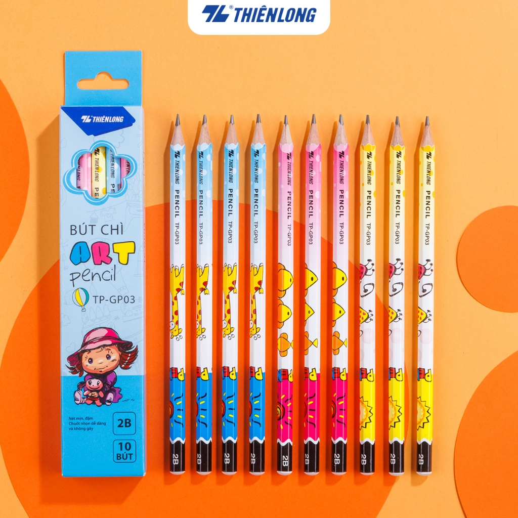 Combo 5 Bút chì gỗ Thiên Long TP GP-03, độ cứng 2B, thân lục giác, bút lướt nhẹ nhàng trên bề mặt viết, màu ngẫu nhiên | BigBuy360 - bigbuy360.vn