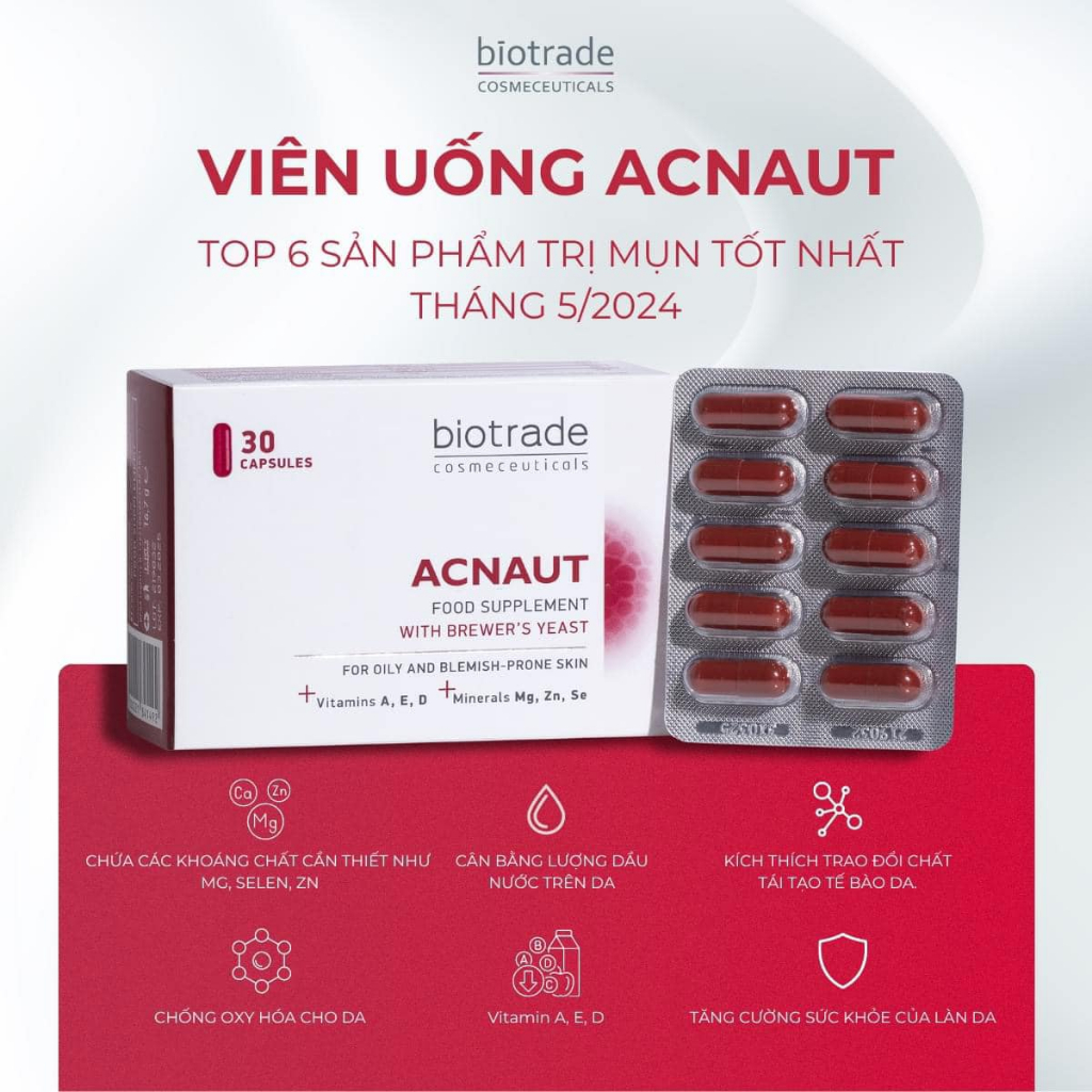[Tặng Lotion CB2] Viên uống giảm mụn đẹp da, điều hòa nội tiết BIOTRADE ACNAUT FOOD SUPPLEMENT hộp 30 viên-Skin Studio