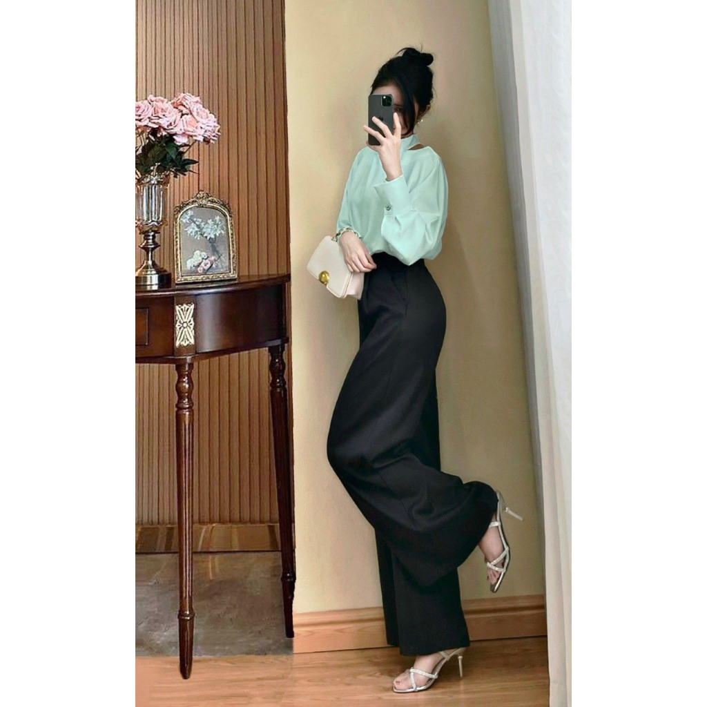 Set bộ áo lụa phối quần culottes ống rộng cạp cao siêu hách dáng A1884