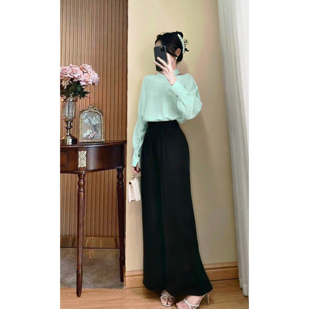 Set bộ áo lụa phối quần culottes ống rộng cạp cao siêu hách dáng A1884