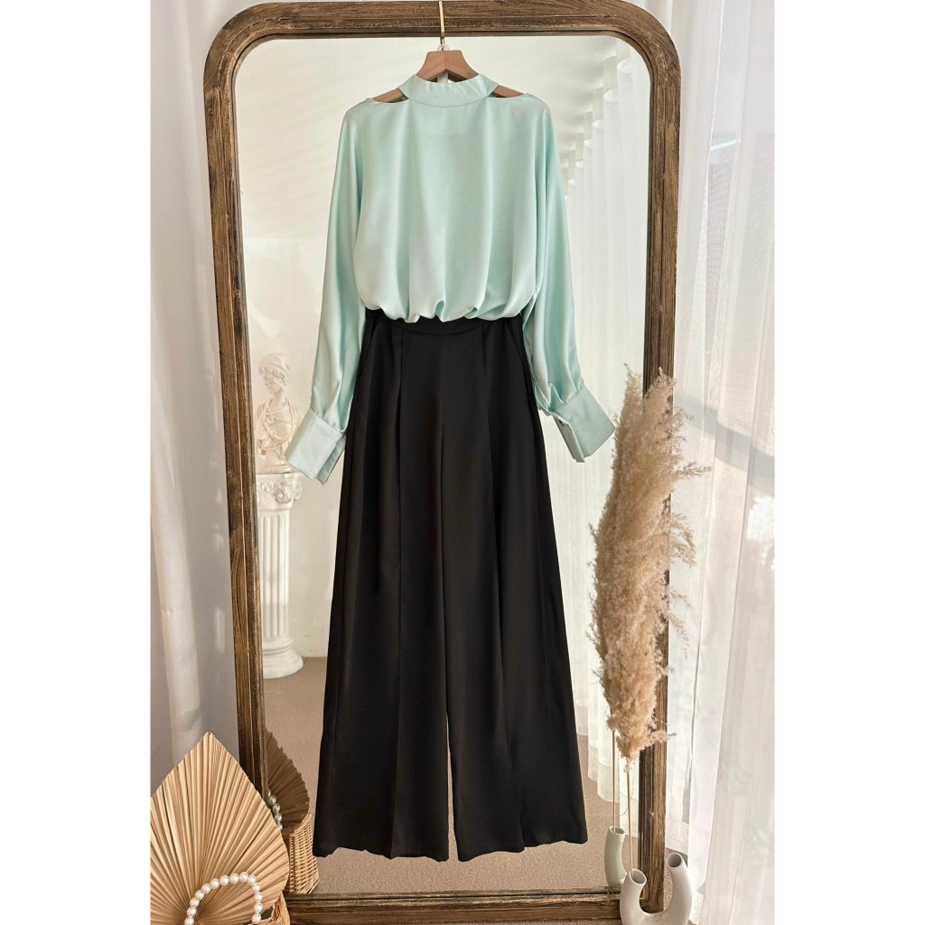 Set bộ áo lụa phối quần culottes ống rộng cạp cao siêu hách dáng A1884