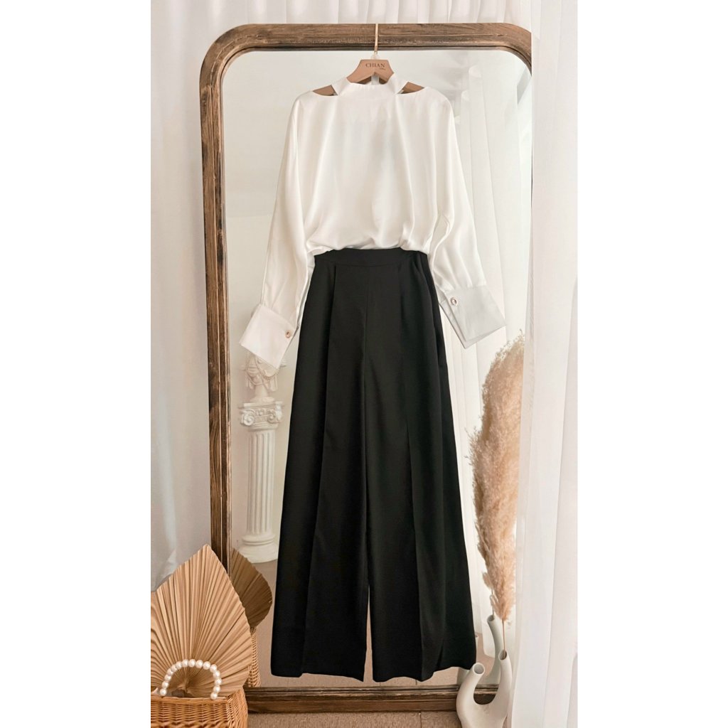 Set bộ áo lụa phối quần culottes ống rộng cạp cao siêu hách dáng A1884