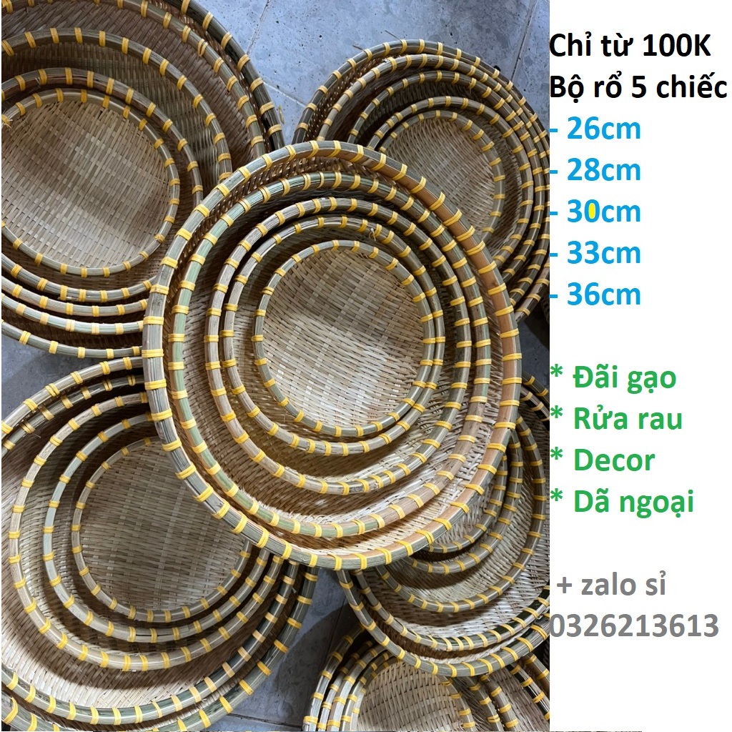Combo 5 Rổ tre 1 bộ gồm 5 cái - 26/28/30/33/36cm Đãi gạo, rửa rau, giã ...