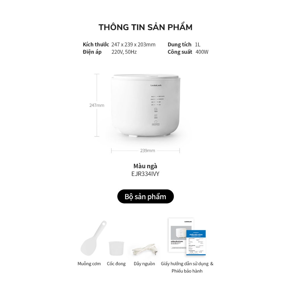 Nồi cơm điện đa chức năng Lock&Lock Bianco Donggeurami rice cooker 1L- Màu ngà EJR334IVY - K-MALL