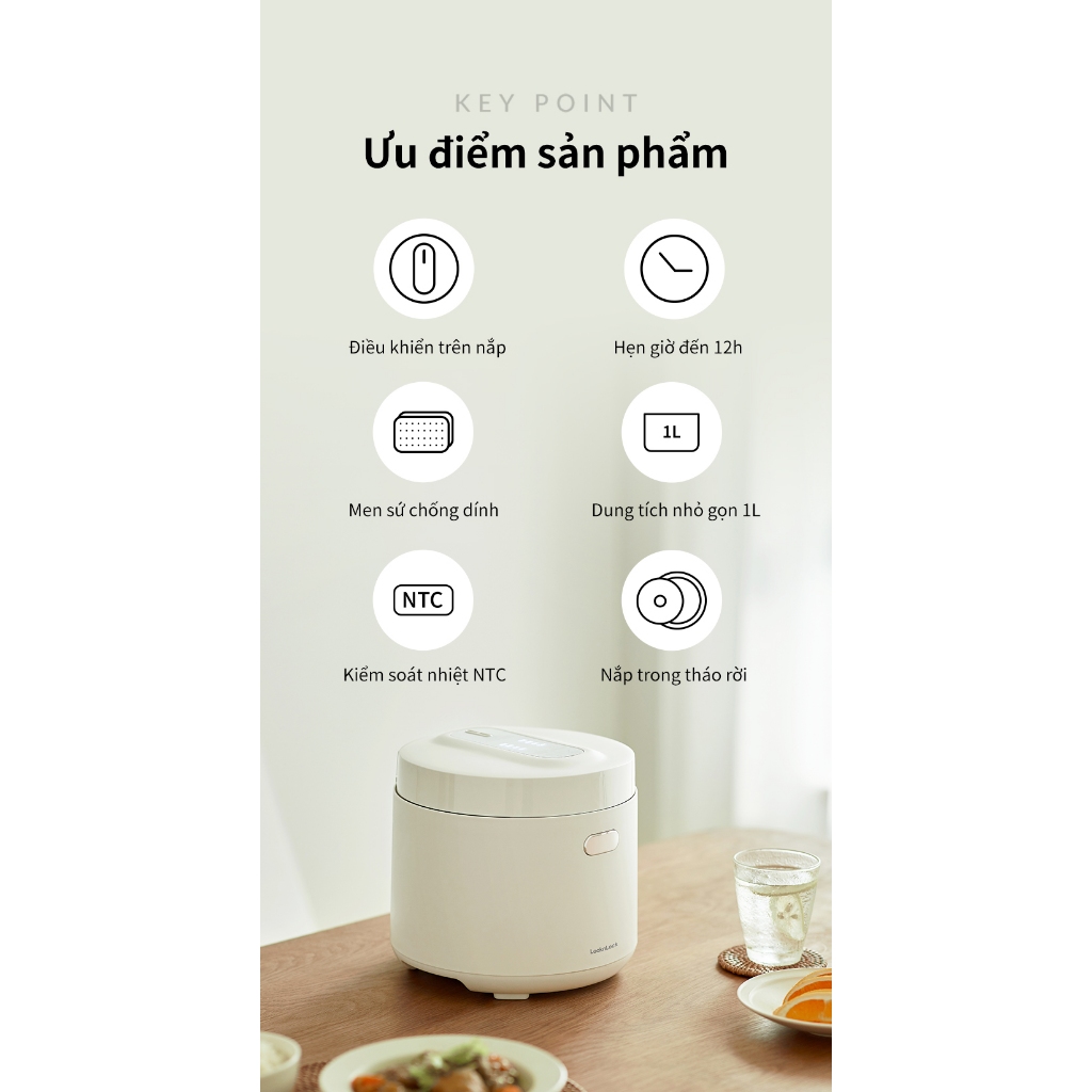 Nồi cơm điện Lock&Lock Bianco Smart rice cooker 1L Màu ngà EJR364IVY , đa chức năng nấu - K-MALL