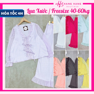 Đồ ngủ nữ 40-60kg, pijama dài tay voan cột nơ cổ bèo ko nút lụa xước mềm mát 60DD31, đồ bộ nữ đồ mặc nhà tiểu thư trơn