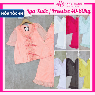 Đồ ngủ nữ 40-60kg, pijama dài cộc tay voan cột nơ cổ bèo ko nút lụa xước mềm 60CD10, đồ bộ nữ đồ mặc nhà tiểu thư trơn