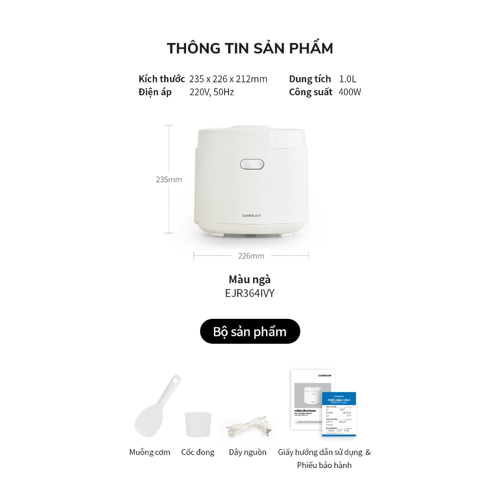 Nồi cơm điện Lock&Lock Bianco Smart rice cooker 1L Màu ngà EJR364IVY , đa chức năng nấu - K-MALL