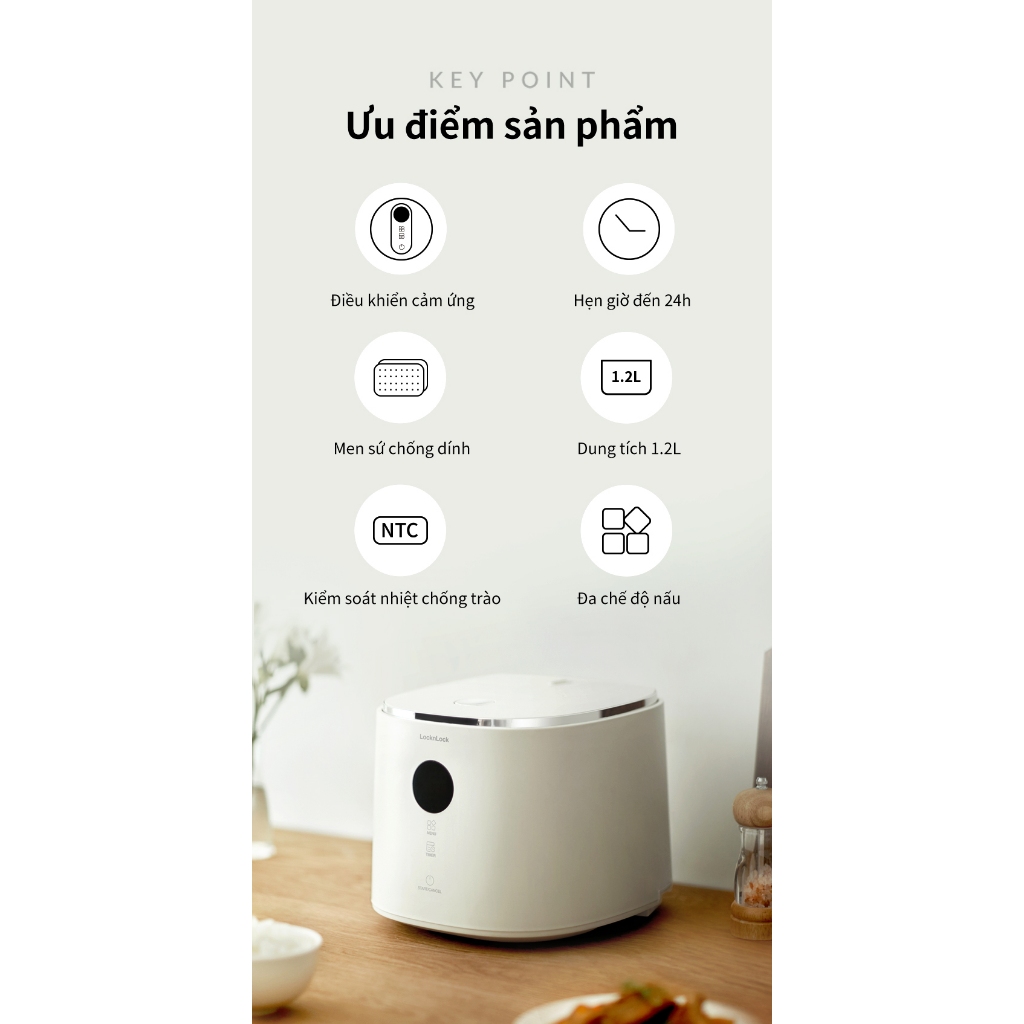 Nồi cơm điện Lock&Lock Bianco Nemo rice cooker 1.2L- Màu ngà EJR384IVY , điều khiển cảm ứng - K-MALL