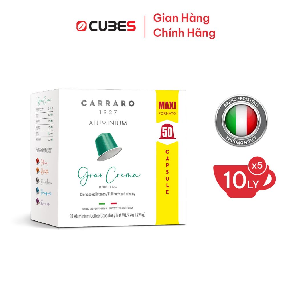 Hộp 50 viên cà phê viên nén nhôm Carraro Gran Crema - Nhập khẩu từ Ý tương  thích với máy Nespresso