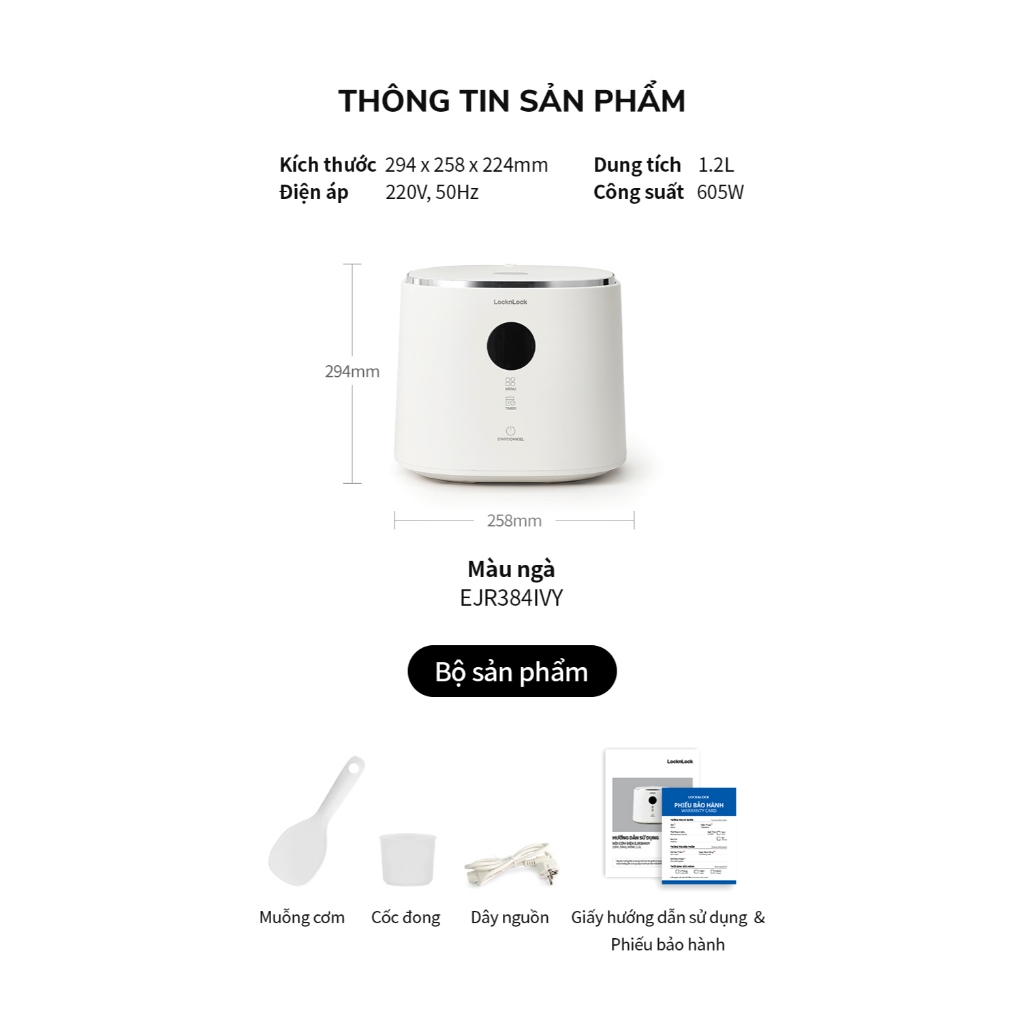 Nồi cơm điện Lock&Lock Bianco Nemo rice cooker 1.2L- Màu ngà EJR384IVY , điều khiển cảm ứng - K-MALL