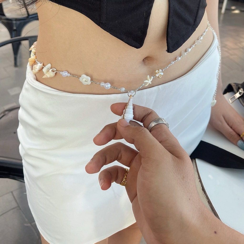 Hoả Tốc Dây chuyền bụng / Dây xích eo Ốc Sò Đá đi biển LALA Belt QUEMEO mix lấp lánh có thể đeo cổ như vòng cổ dáng dài