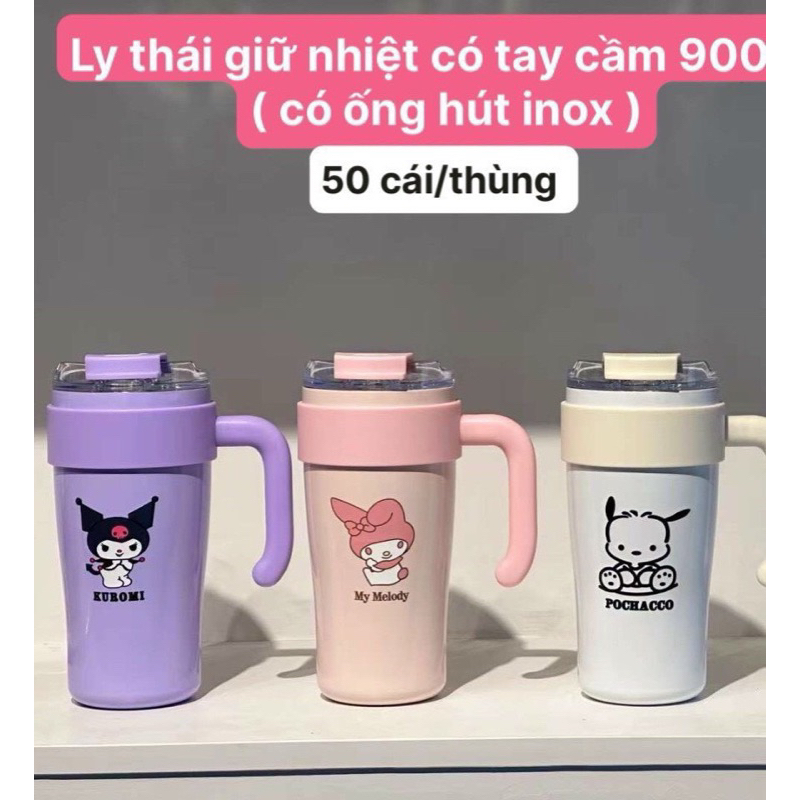 Ly thái giữ nhiệt có quai 900ml - kèm ống hút inox ( màu ngẫu nhiên )