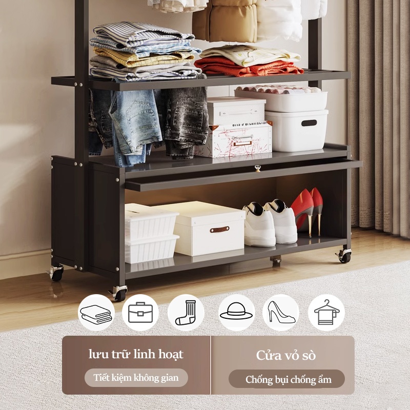 Lifinity Kệ Treo Quần Ao Đa Năng Có Tủ 55-100cm, Điều Chỉnh Được Độ Cao, Có Bánh Xe, Cửa Acrylic Chống Bụi Với Chốt Từ