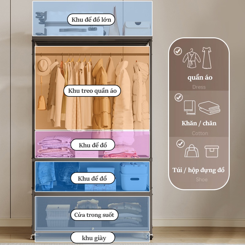 Lifinity Kệ Treo Quần Ao Đa Năng Có Tủ 55-100cm, Điều Chỉnh Được Độ Cao, Có Bánh Xe, Cửa Acrylic Chống Bụi Với Chốt Từ