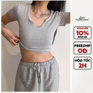Áo thun nữ, áo croptop nữ cổ V basic tay ngắn Amy Top ôm body chất cotton rib co giãn thoáng mát LND