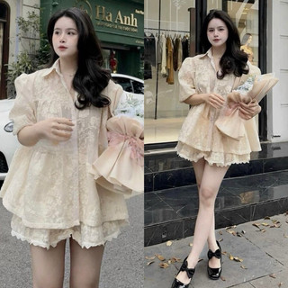 Set Áo Babydoll Hot Trend Thô Ren Thêu Mix Chân Váy Xoè Có Lót Quần Siêu Xinh Tiểu Thư