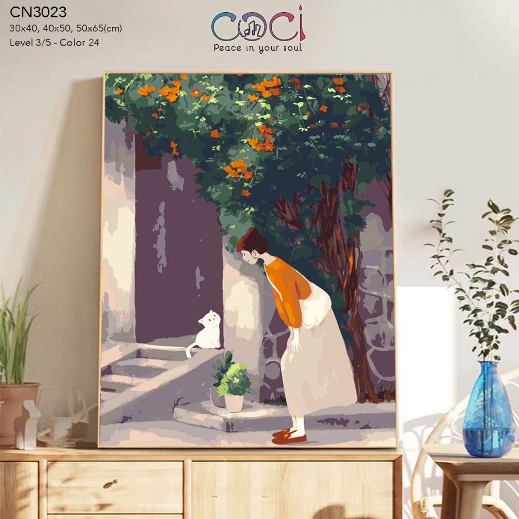 Tranh số hóa seri chữa lành cô gái và mèo COCI tự tô màu theo số có kèm khung mã CNC3023