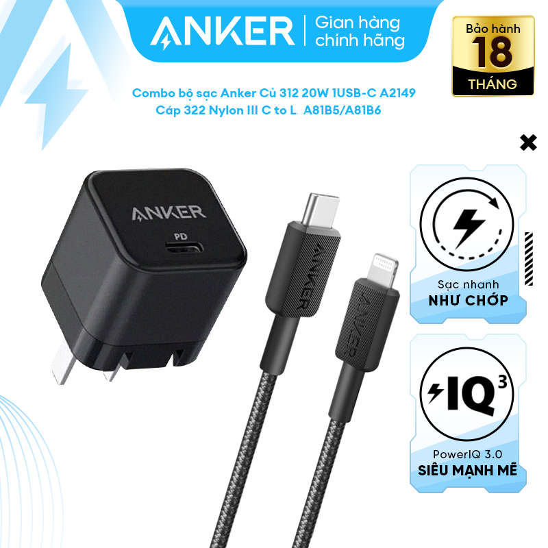 Combo Bộ Sạc Nhanh ANKER 20W - [Củ cổng USB-C &amp; Cáp CtoL đạt chứng chỉ MFi] cho iPhone 8 đến ...