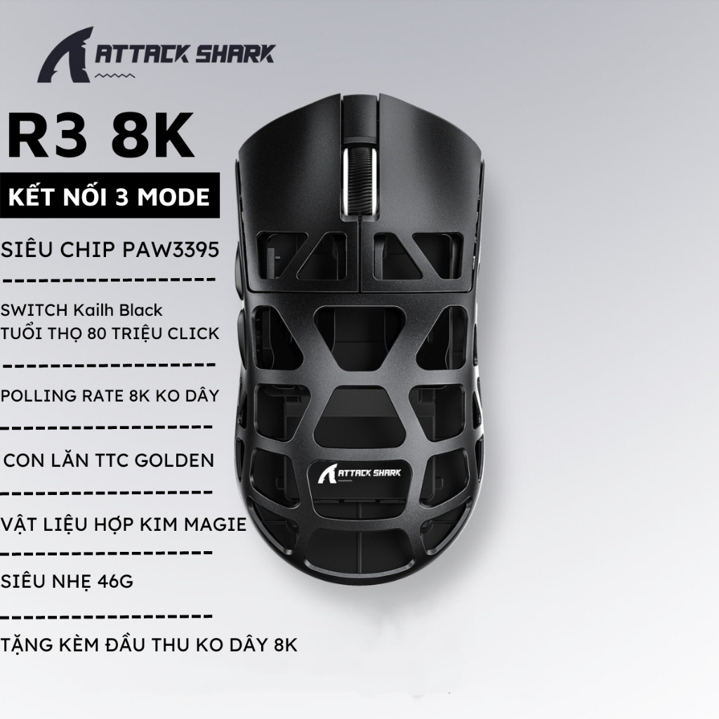 Chuột Bluetooth Attack Shark R3 Hợp Kim Magie Polling Rate 8K Không Dây ...