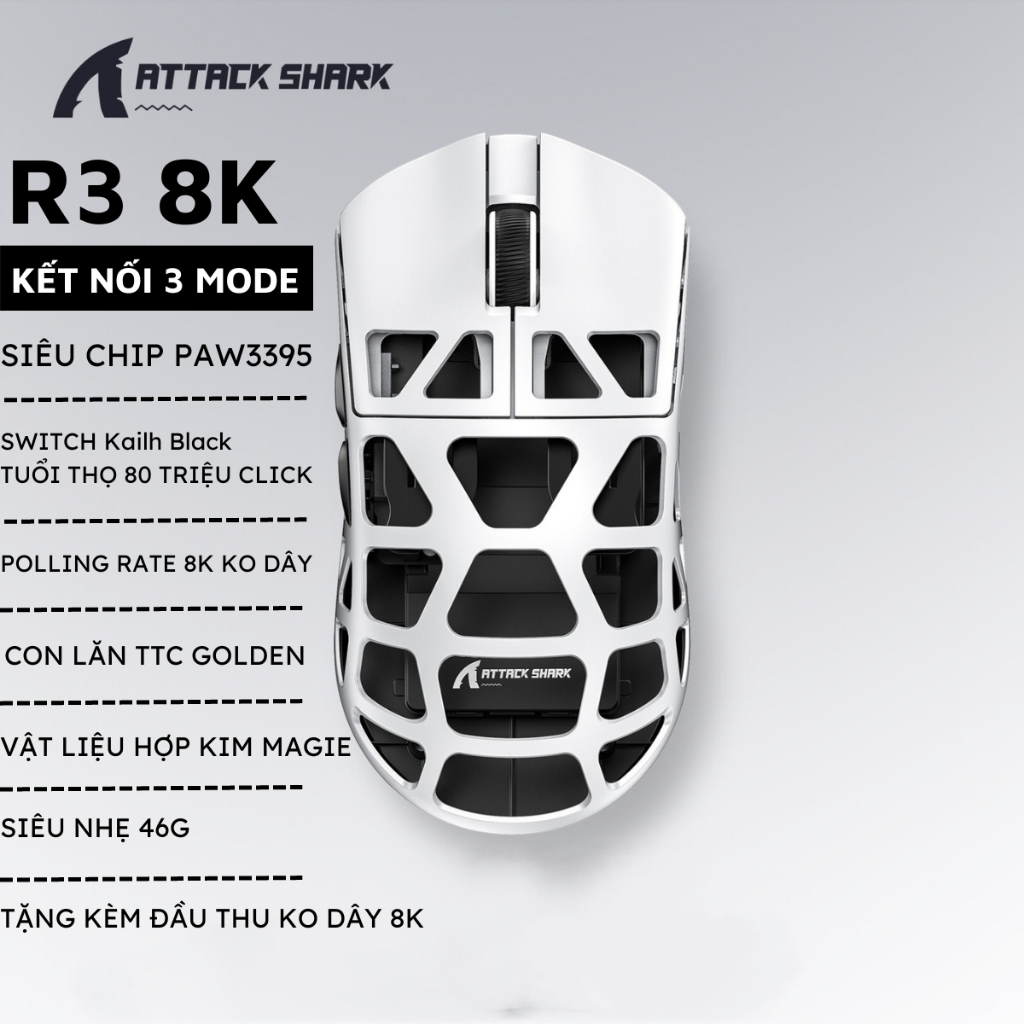 Chuột Bluetooth Attack Shark R3 Hợp Kim Magie Polling Rate 8K Không Dây ...